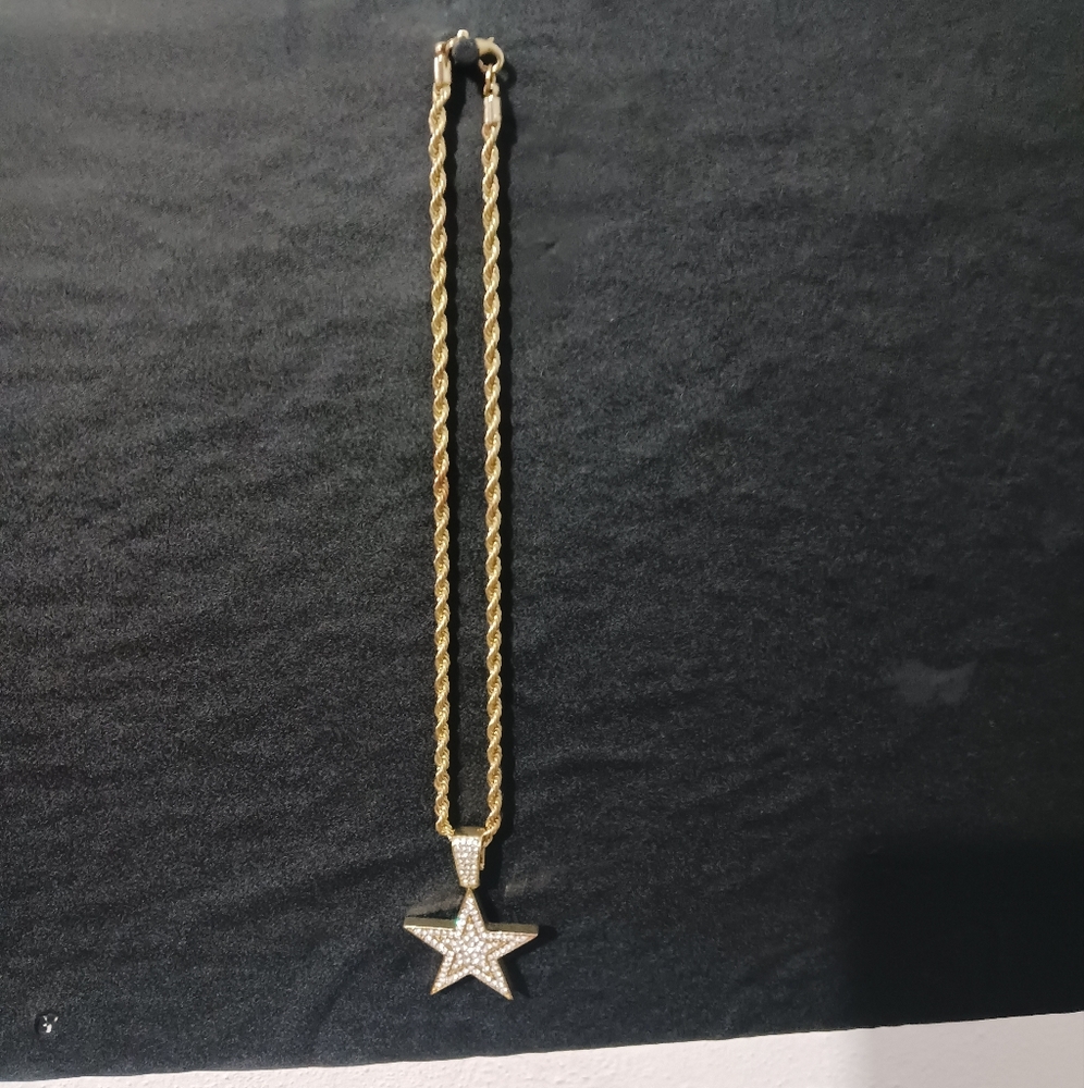 Men gold star rhinestone bling necklace - Picture 3 of 7